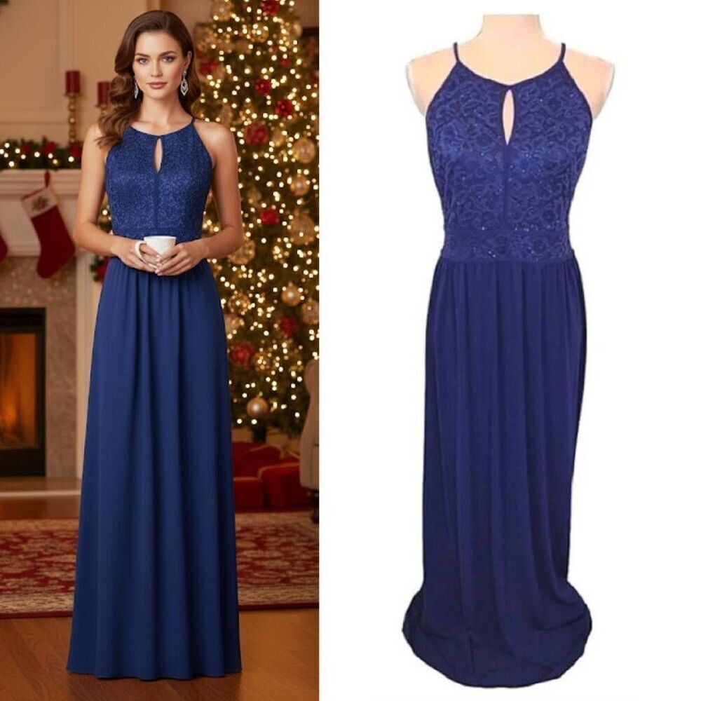 Candalite Blue Lace Sleeveless Keyhole Halter Maxi Evening Dress Medium NWT